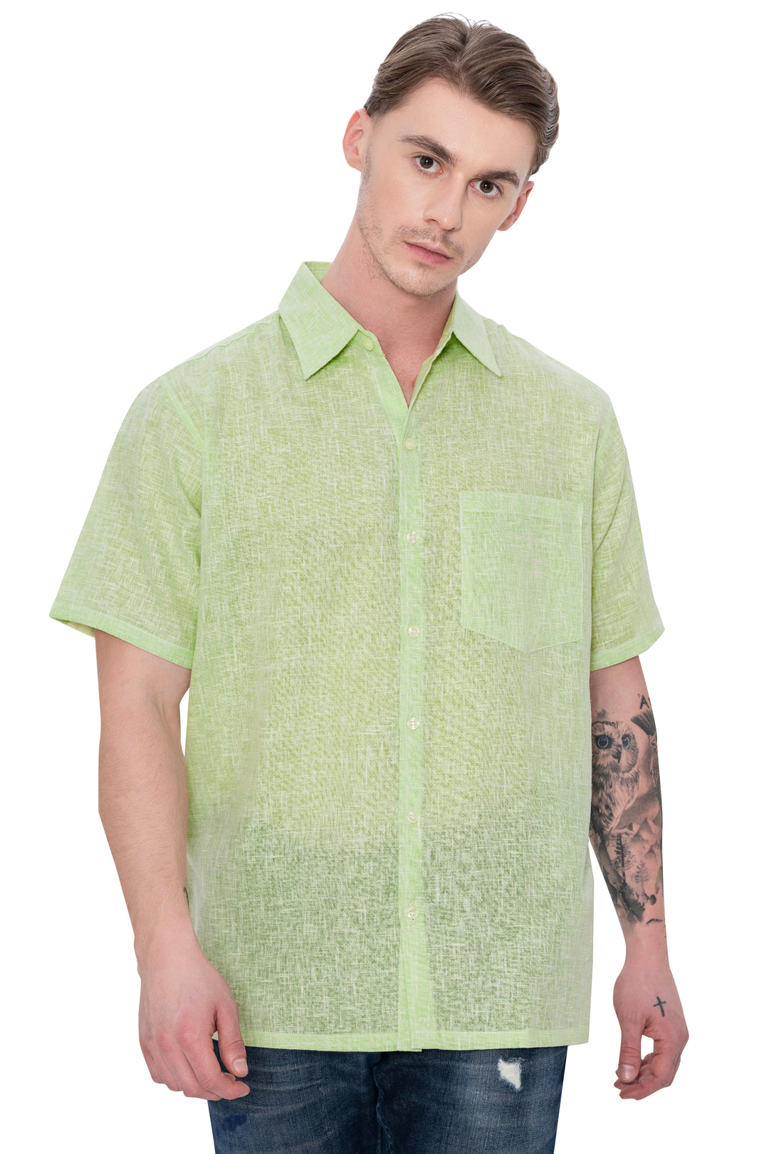 HAPPY BAY Mens Hawaiian Shirts Green Collard P07750
