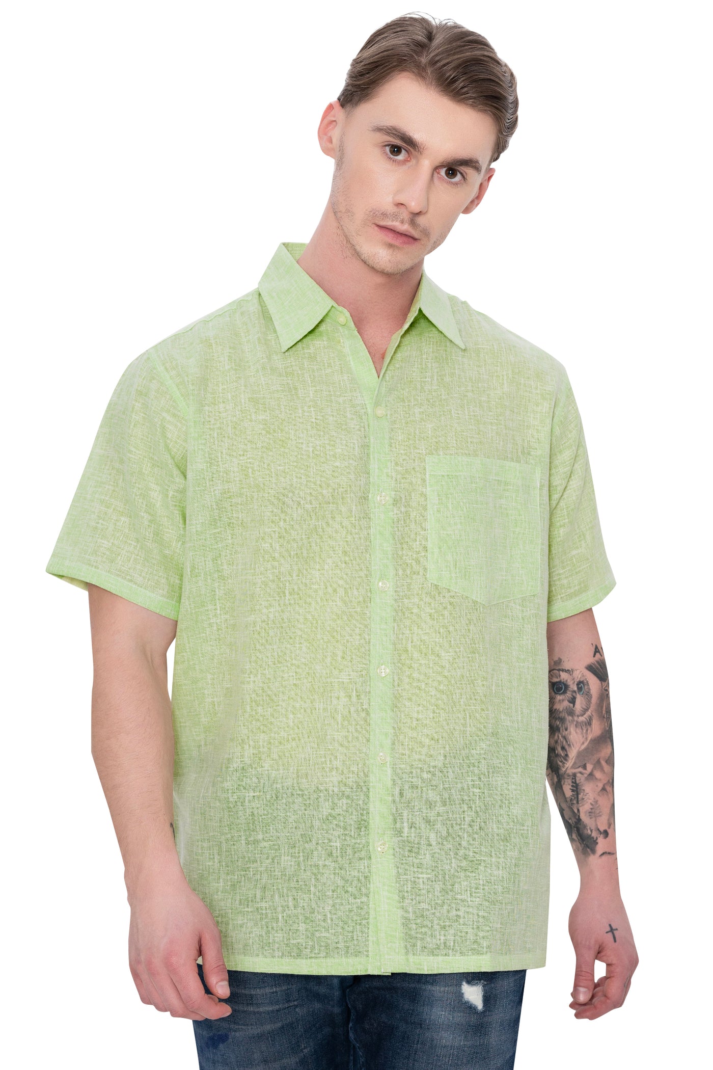 HAPPY BAY Mens Hawaiian Shirts Green Collard P07750