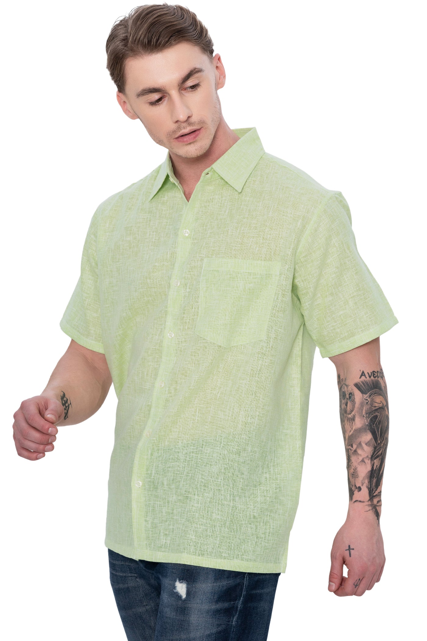 HAPPY BAY Mens Hawaiian Shirts Green Collard P07750