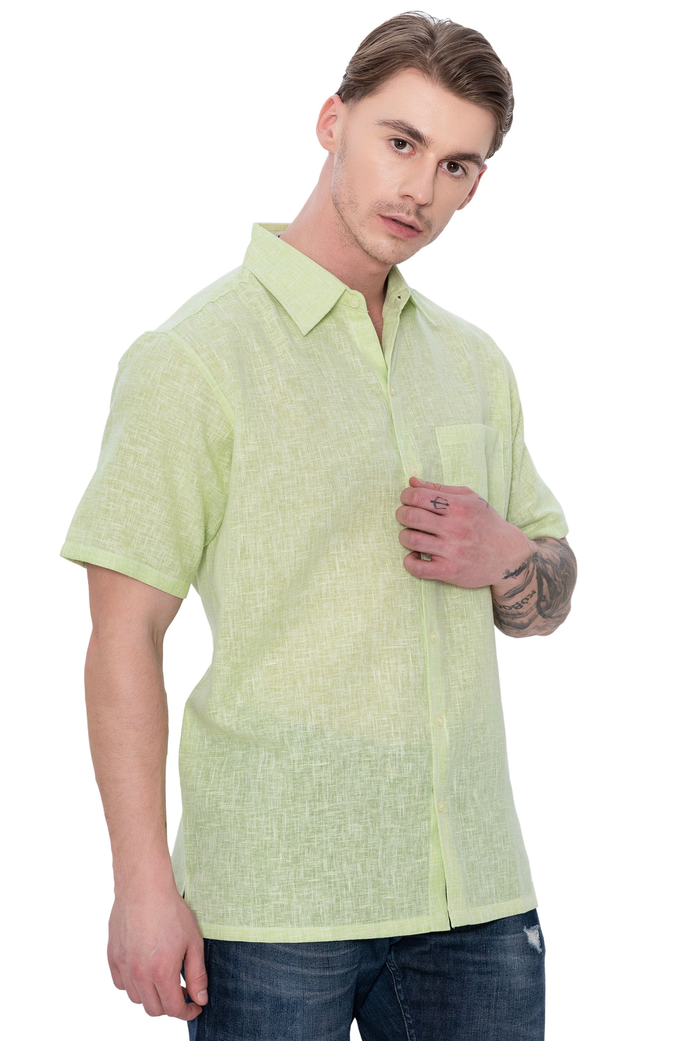 HAPPY BAY Mens Hawaiian Shirts Green Collard P07750