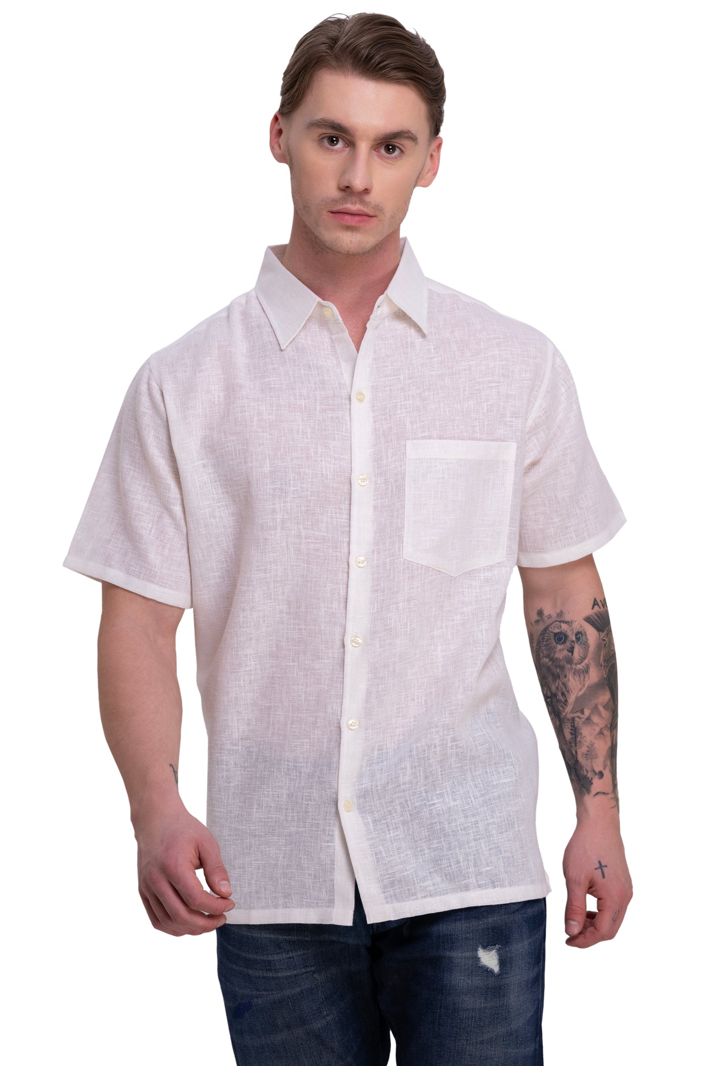 HAPPY BAY Mens Hawaiian Shirts White Collard P07751