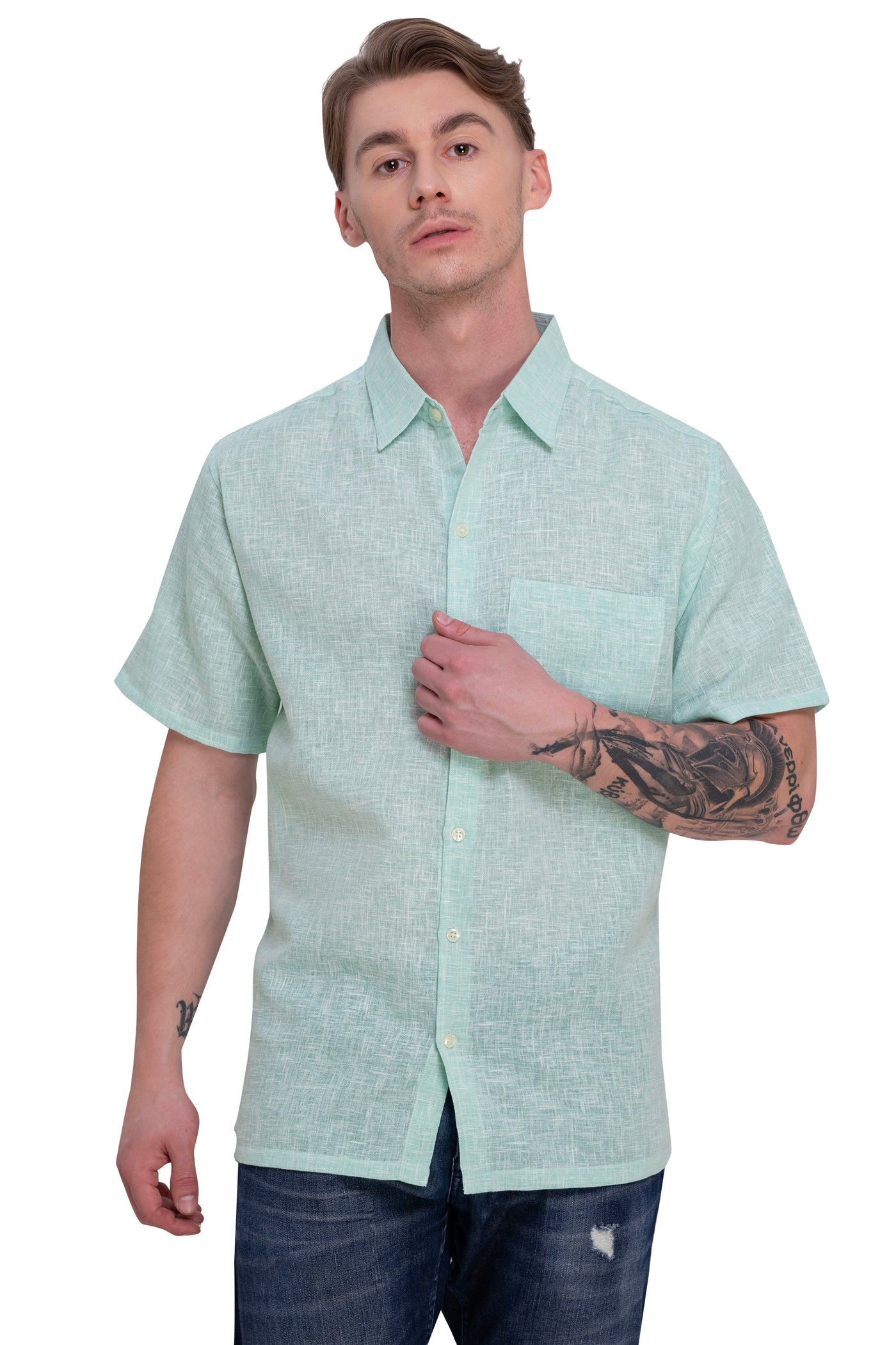 HAPPY BAY Mens Hawaiian Shirts C_Green Collard P07752