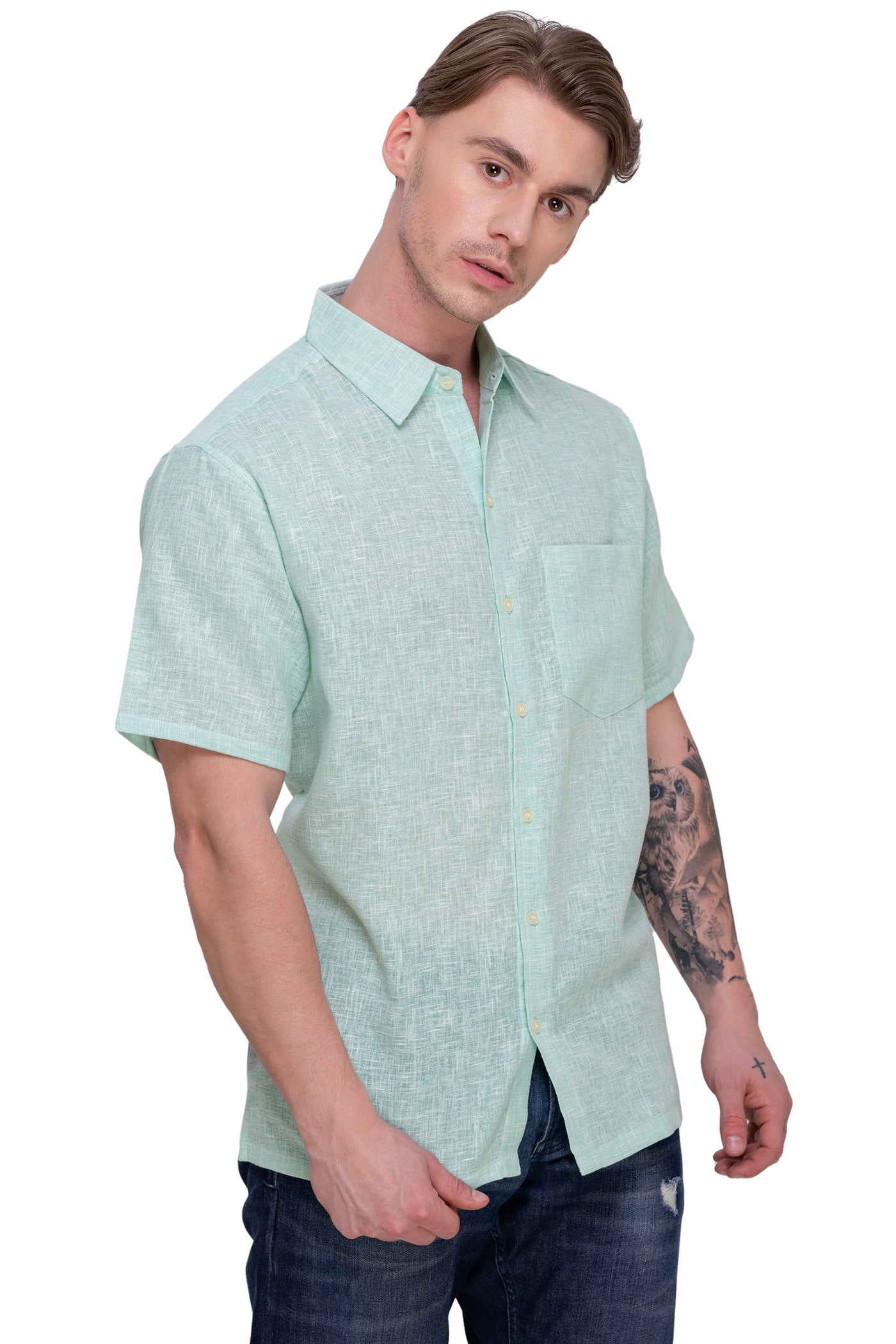 HAPPY BAY Mens Hawaiian Shirts C_Green Collard P07752