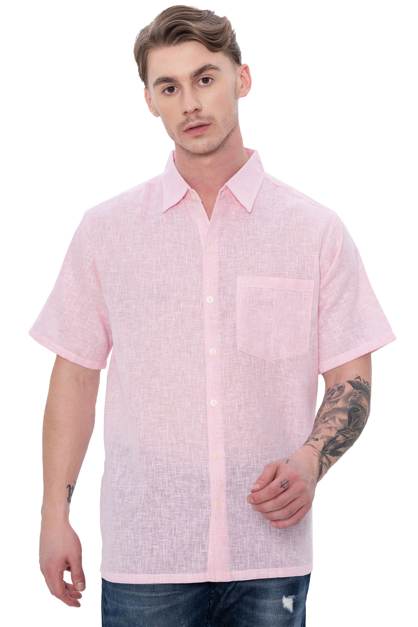 HAPPY BAY Mens Hawaiian Shirts Pink Collard P07753