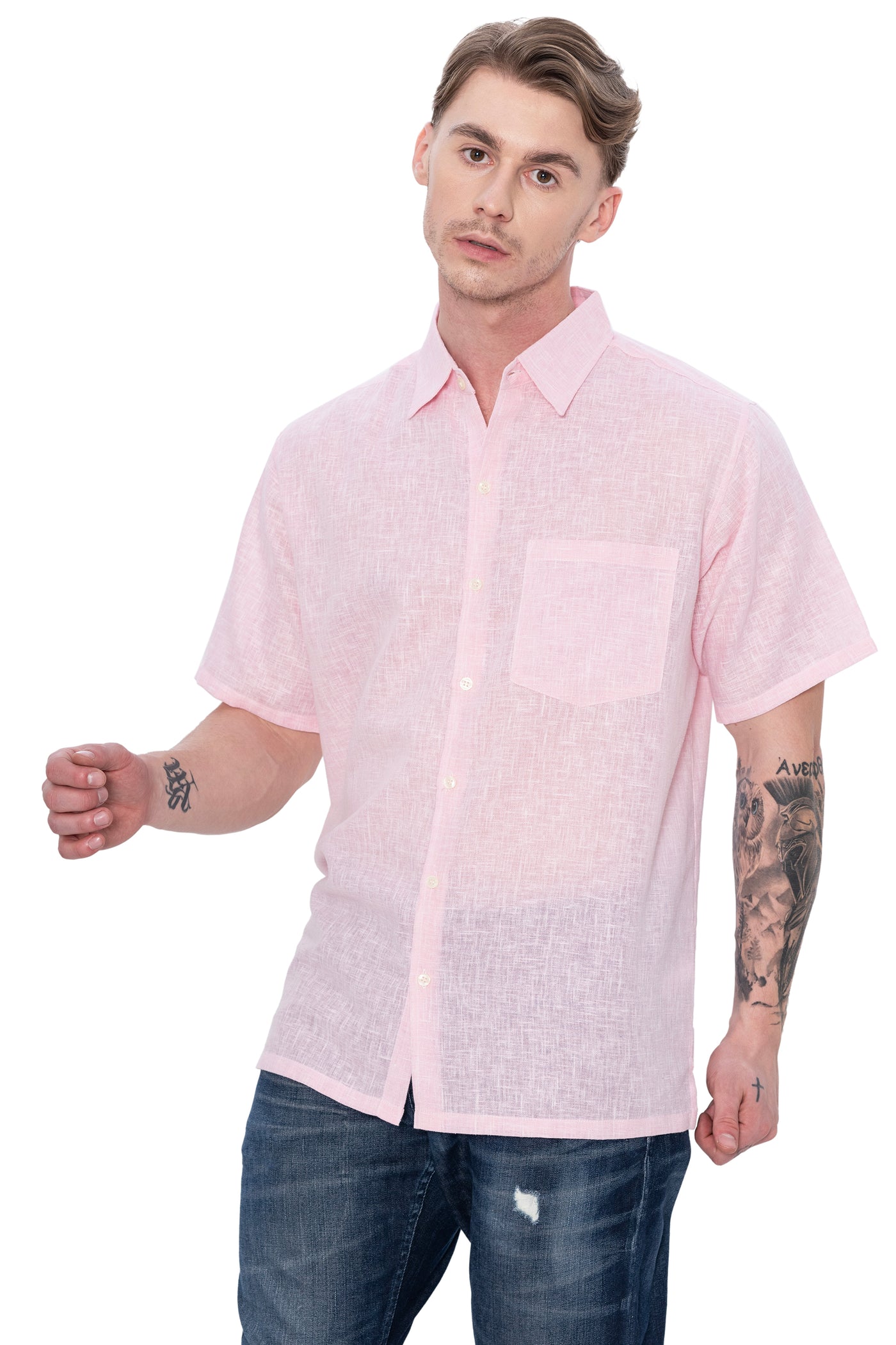 HAPPY BAY Mens Hawaiian Shirts Pink Collard P07753