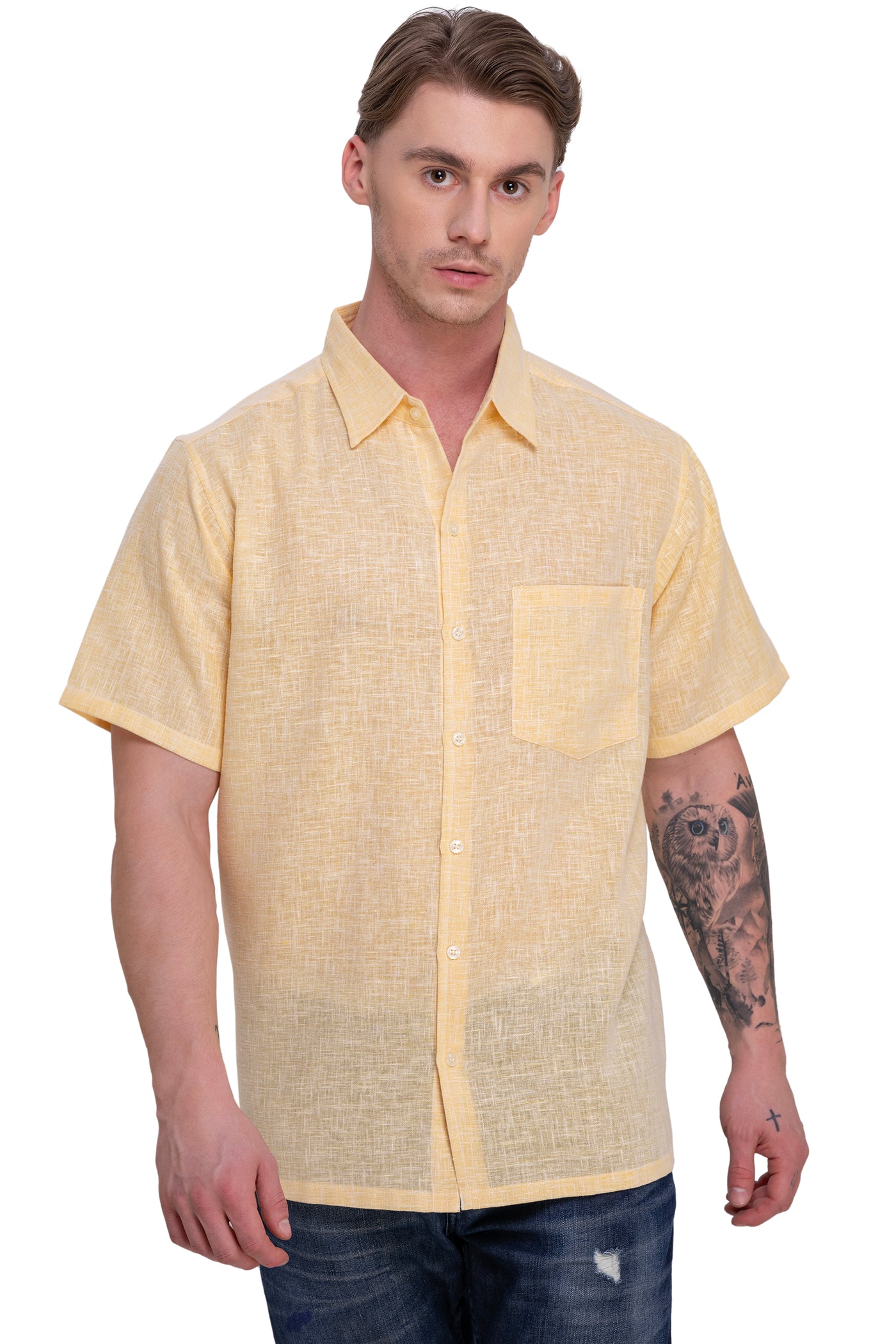 HAPPY BAY Mens Hawaiian Shirts Yellow Collard P07755