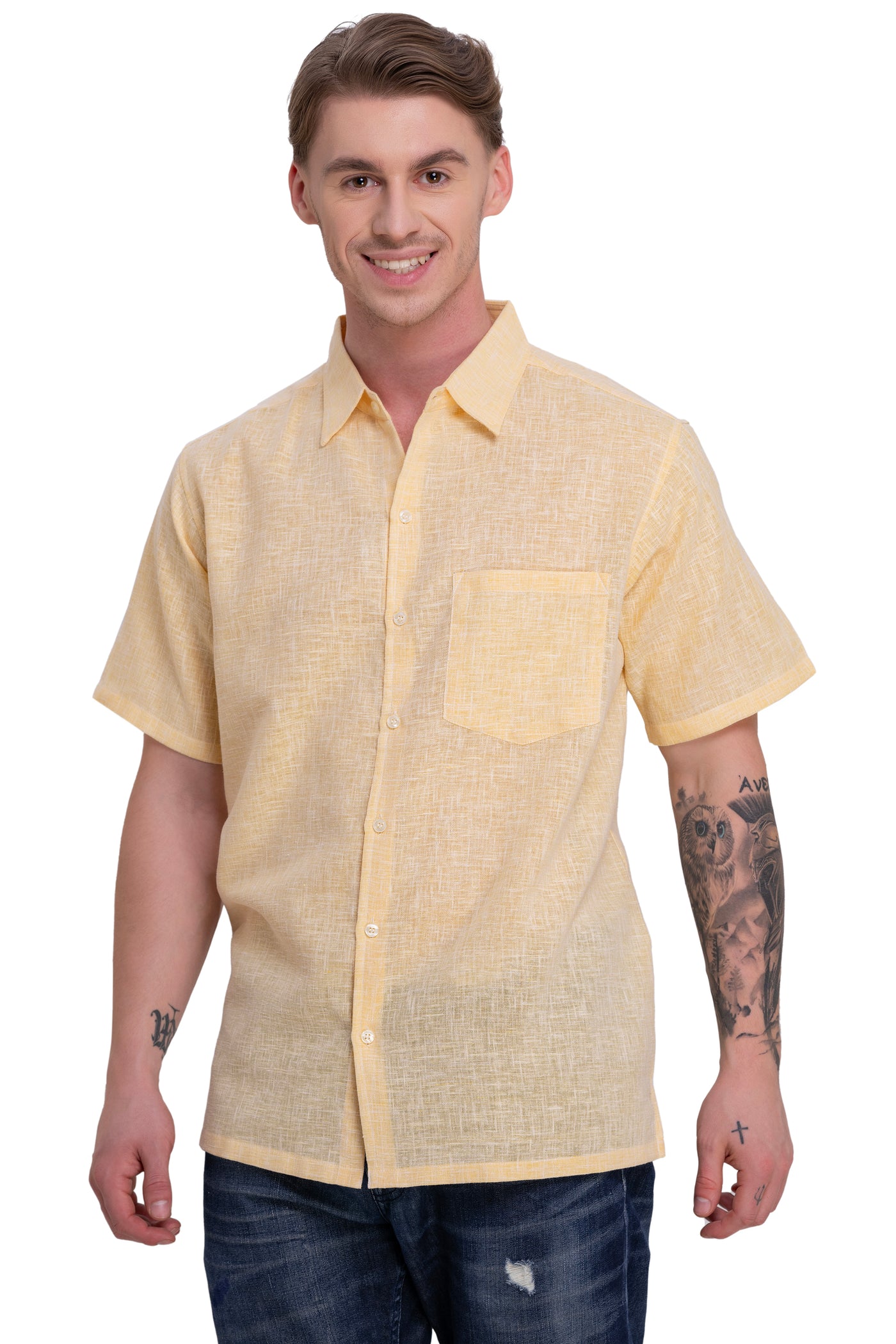 HAPPY BAY Mens Hawaiian Shirts Yellow Collard P07755