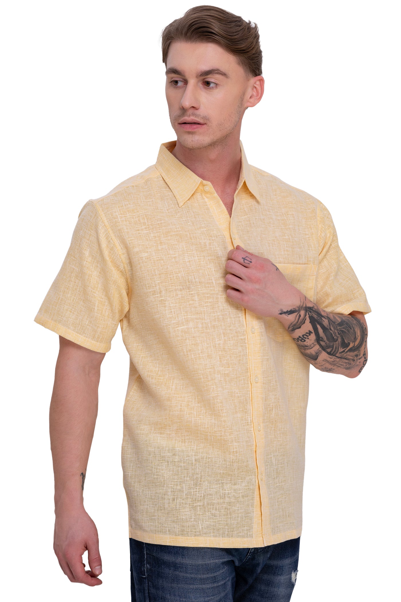 HAPPY BAY Mens Hawaiian Shirts Yellow Collard P07755