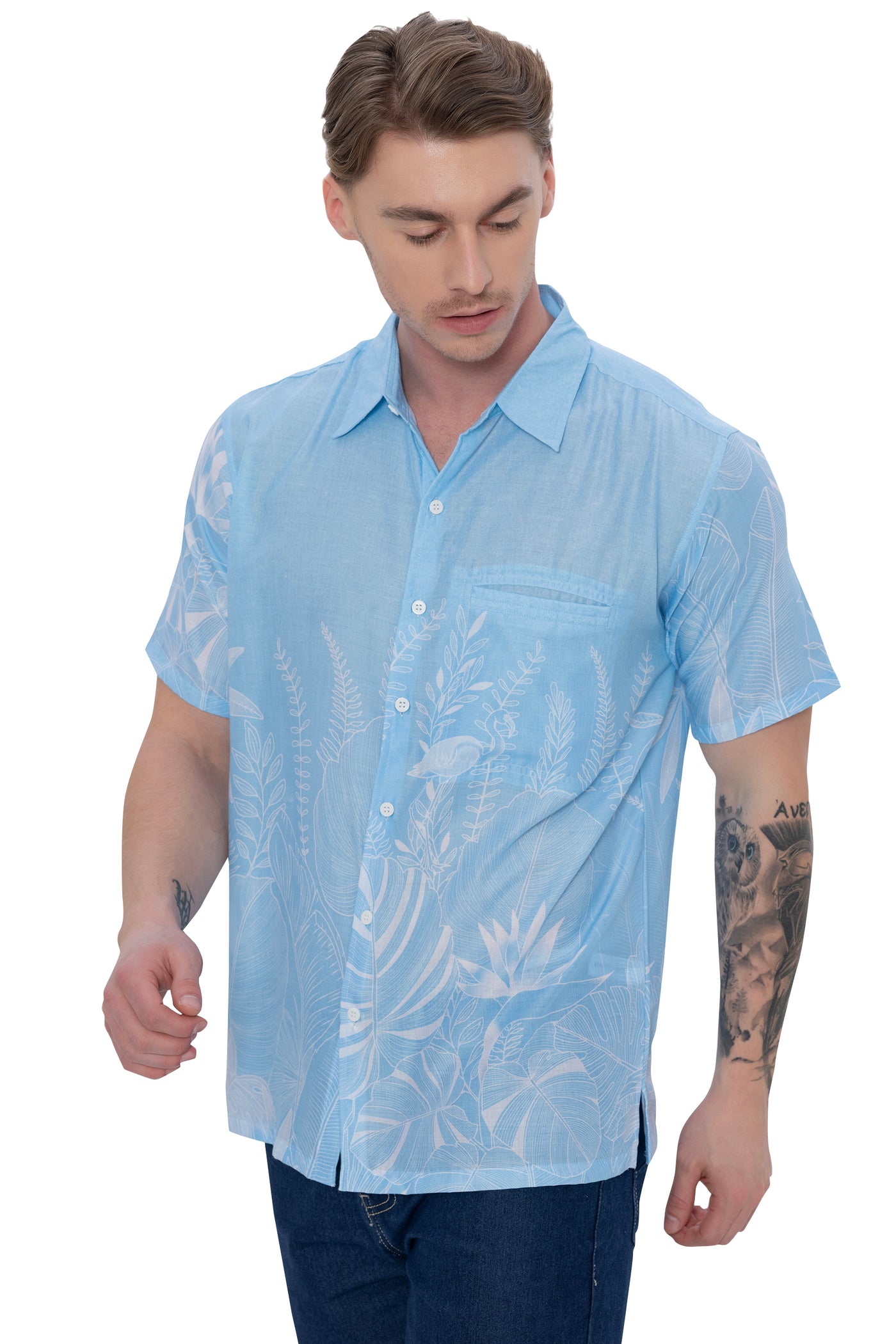 HAPPY BAY Mens Hawaiian Shirts Blue Island Mist P07779