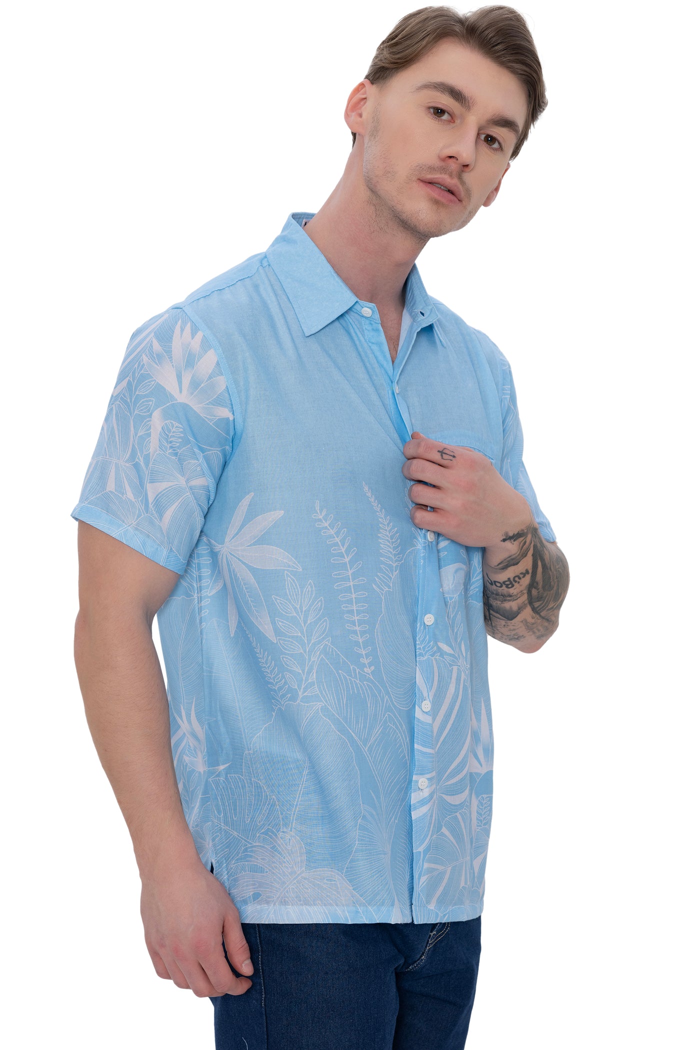 HAPPY BAY Mens Hawaiian Shirts Blue Island Mist P07779