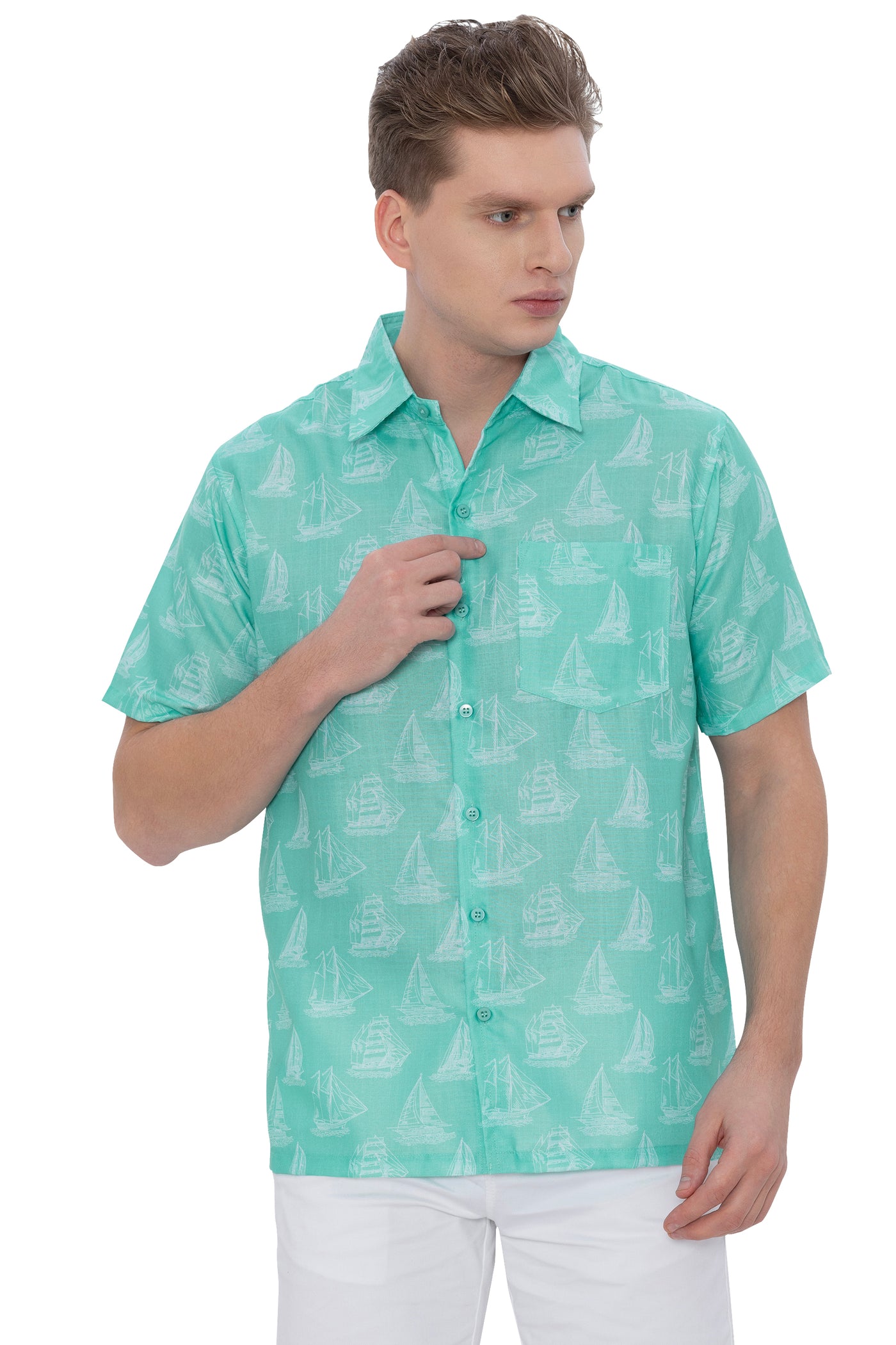 HAPPY BAY Mens Hawaiian Shirts Green Boat P07787