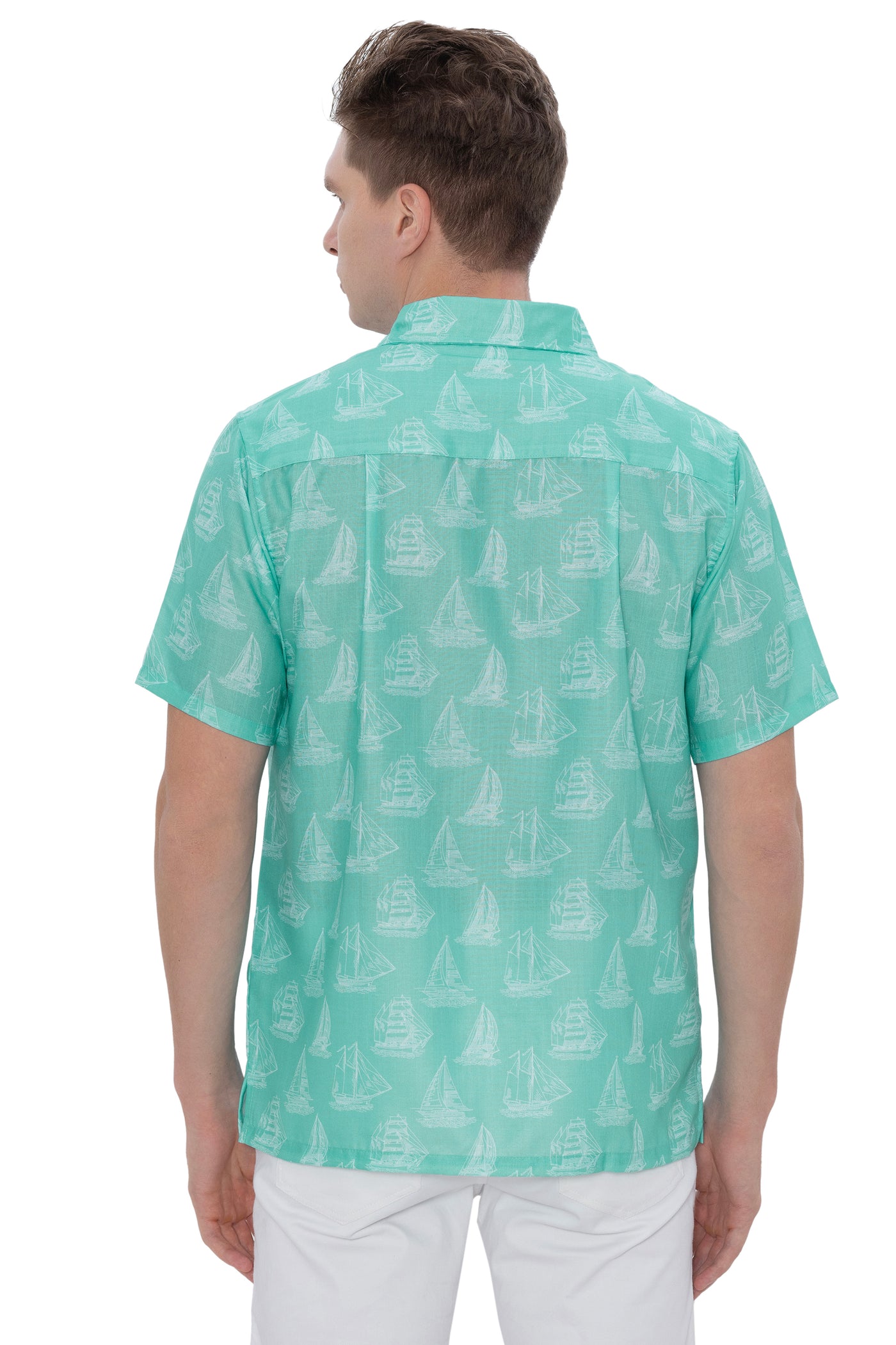 HAPPY BAY Mens Hawaiian Shirts Green Boat P07787