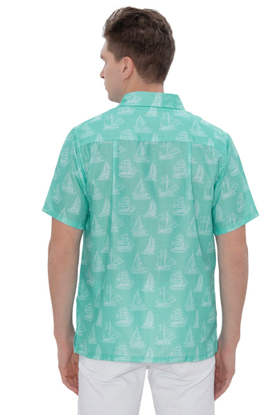 HAPPY BAY Mens Hawaiian Shirts Green Boat P07787