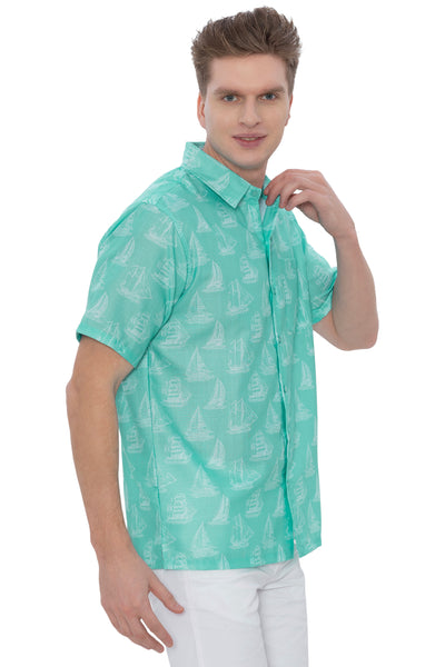 HAPPY BAY Mens Hawaiian Shirts Green Boat P07787