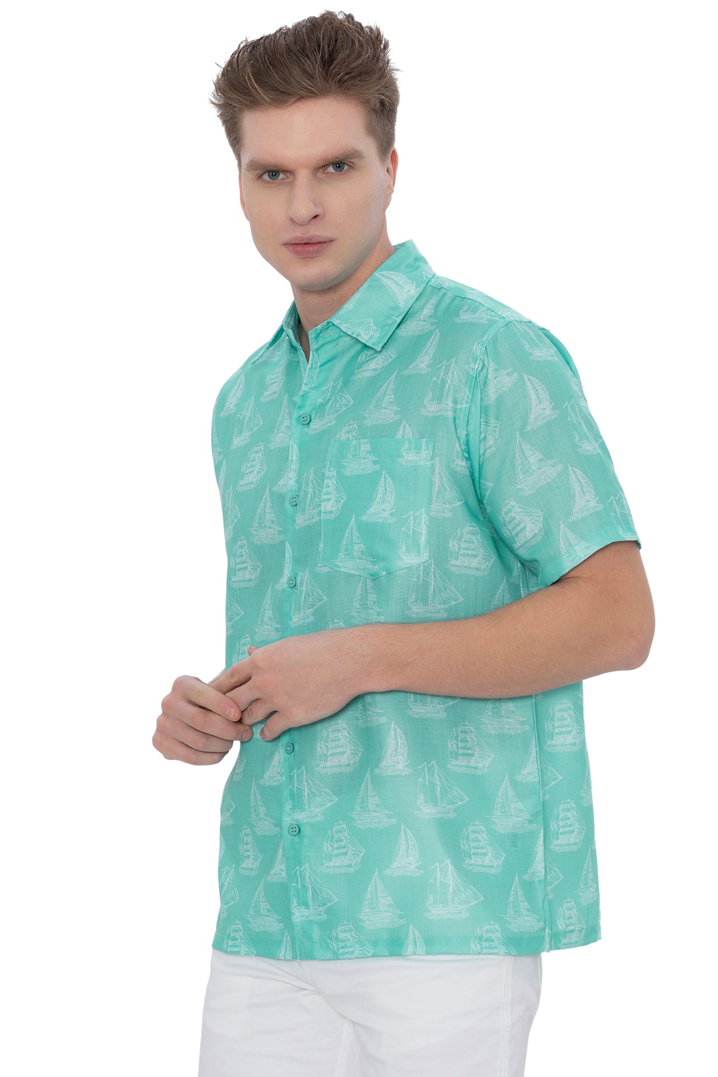 HAPPY BAY Mens Hawaiian Shirts Green Boat P07787