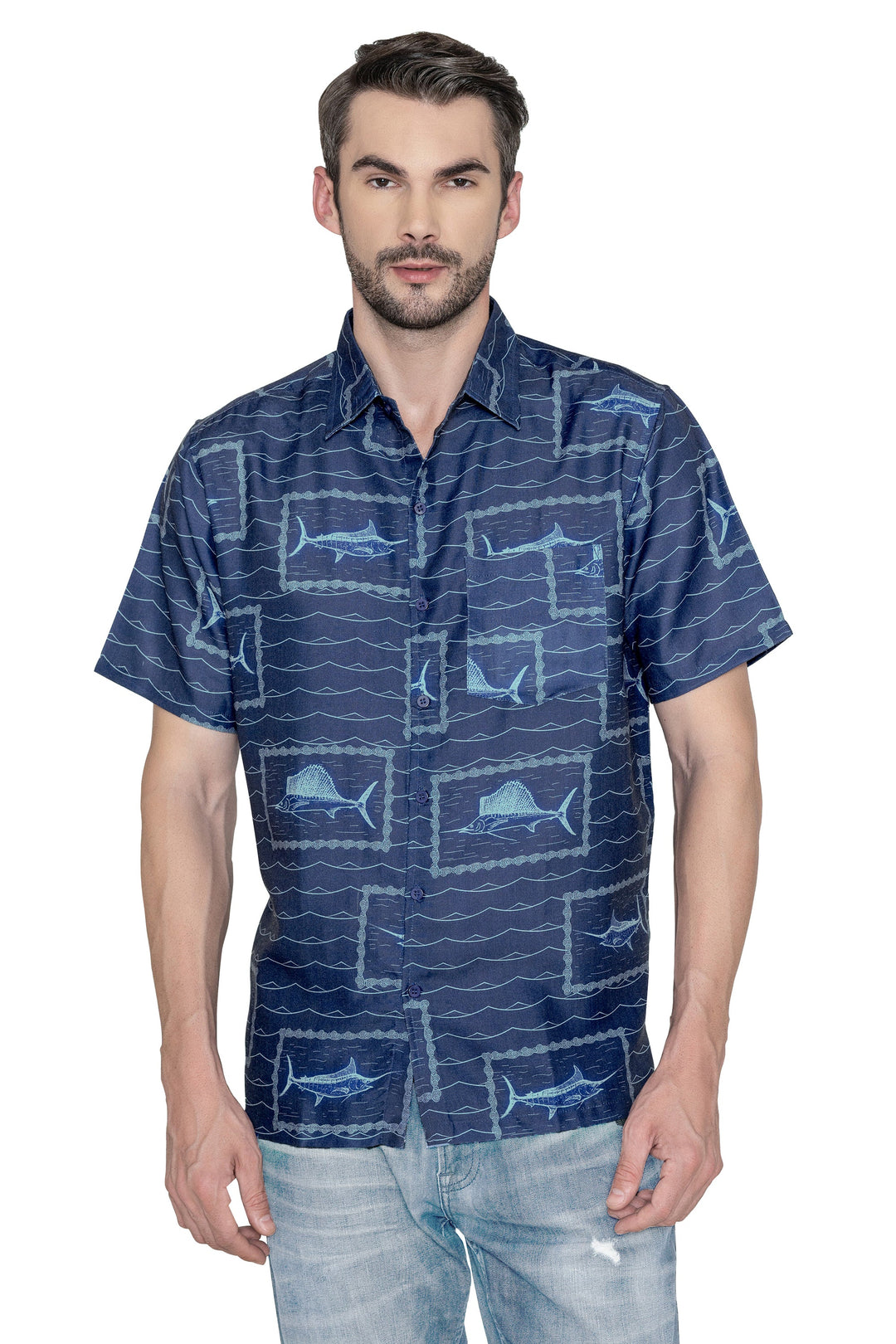 HAPPY BAY Mens Hawaiian Shirts Blue Fish P07803