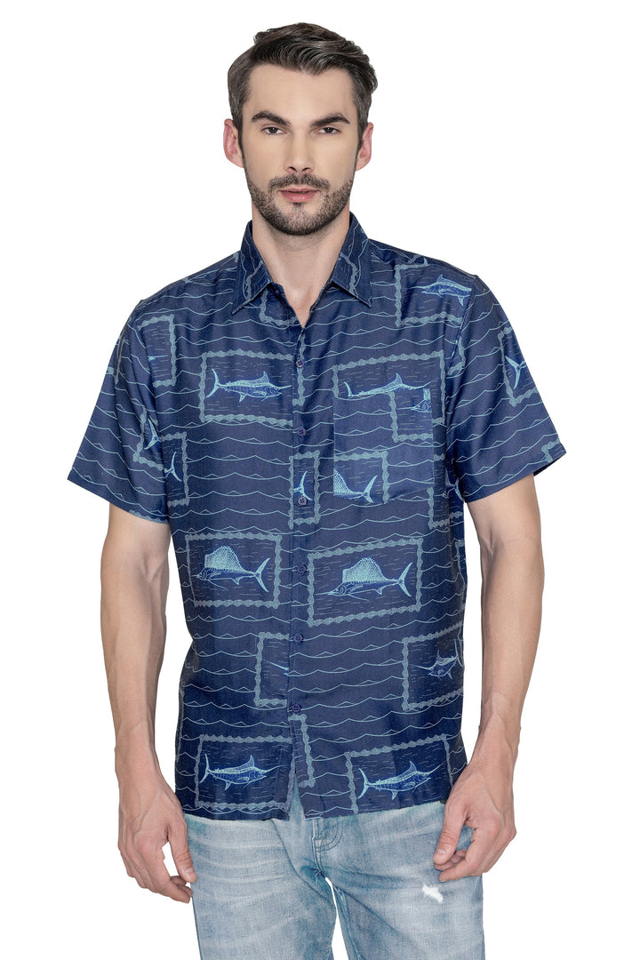 HAPPY BAY Mens Hawaiian Shirts Blue Fish P07803