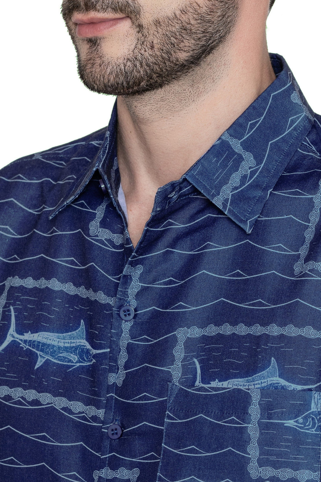 HAPPY BAY Mens Hawaiian Shirts Blue Fish P07803