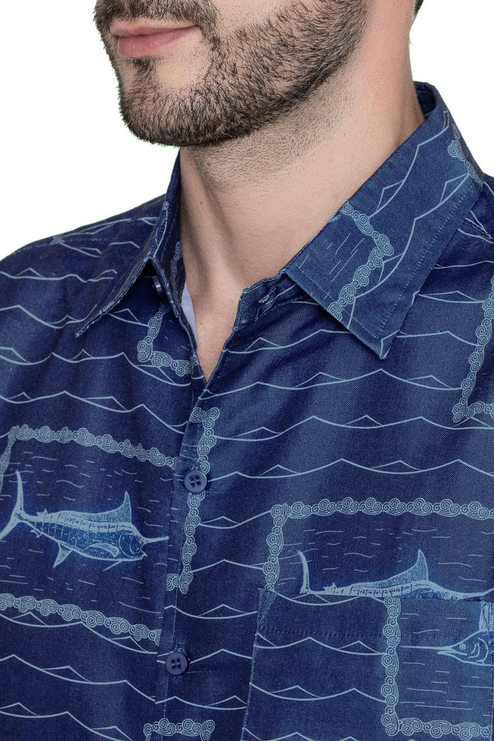 HAPPY BAY Mens Hawaiian Shirts Blue Fish P07803