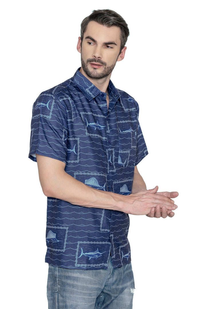 HAPPY BAY Mens Hawaiian Shirts Blue Fish P07803