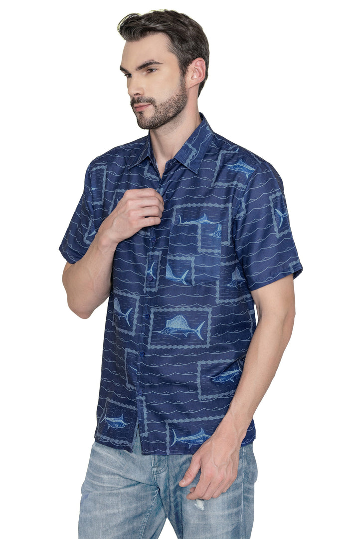 HAPPY BAY Mens Hawaiian Shirts Blue Fish P07803