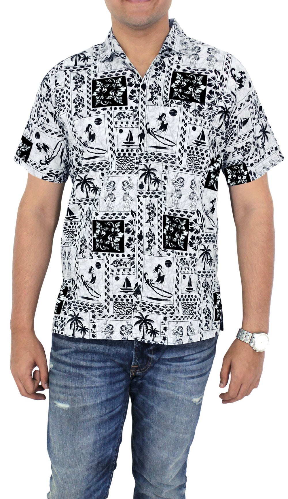 LA LEELA Men's Short Sleeve Hawaiian Shirt - Fun Summer Beach Party Casual Button Down Aloha Shirt S White P08258