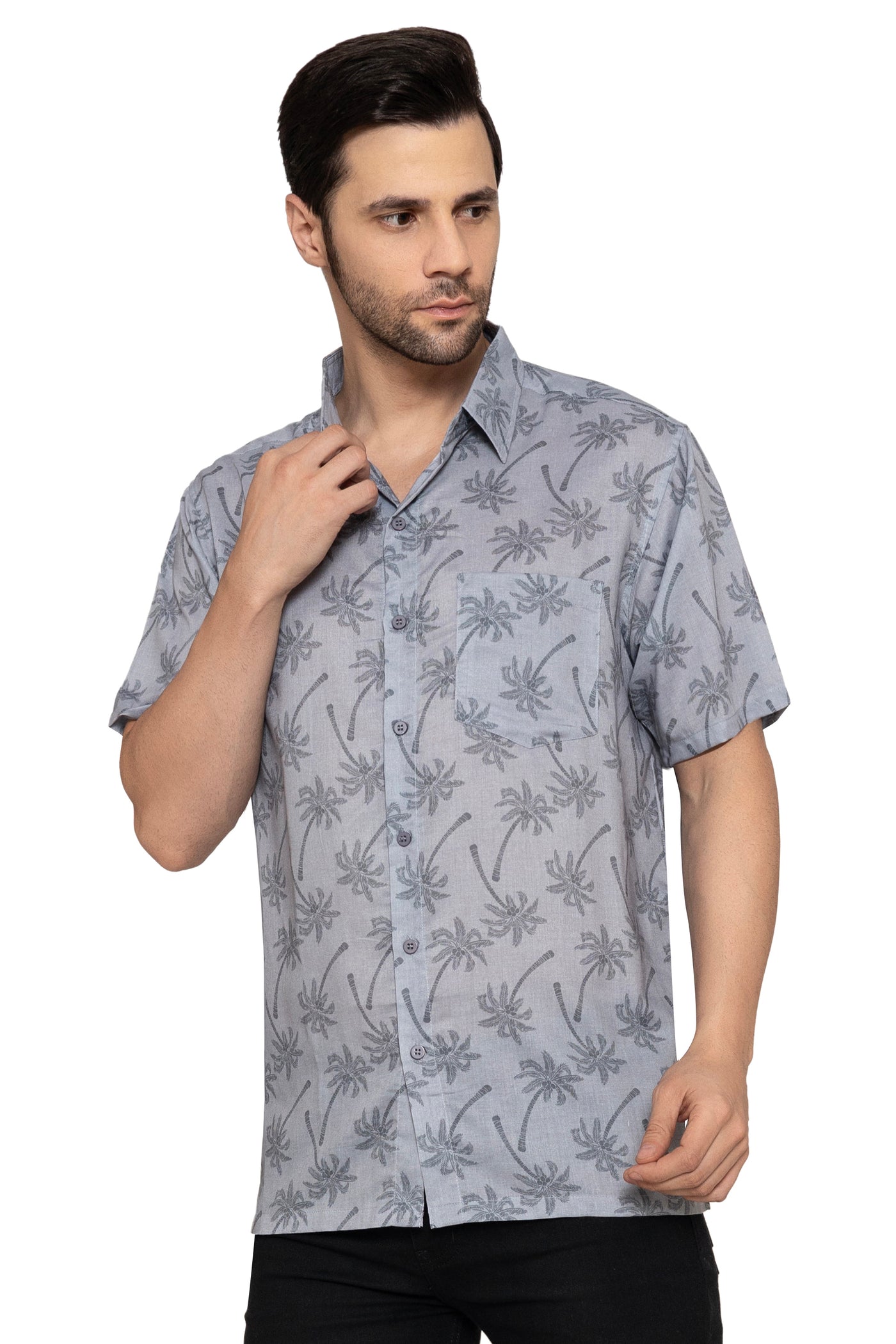 HAPPY BAY Mens Hawaiian Shirts Grey Palm Tree P10162