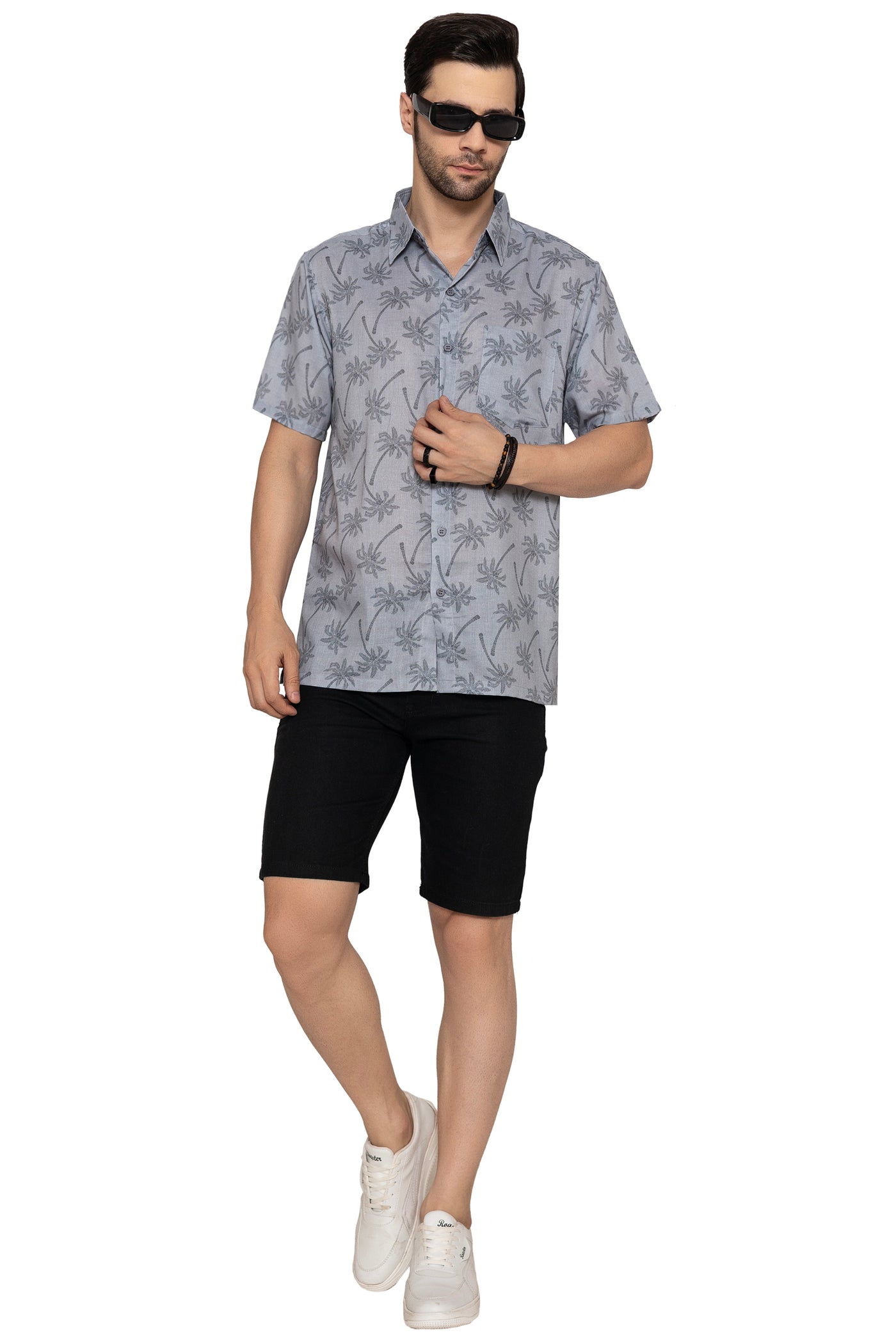 HAPPY BAY Mens Hawaiian Shirts Grey Palm Tree P10162