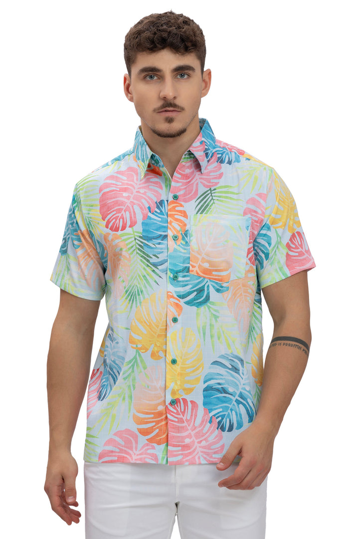 HAPPY BAY Mens Hawaiian Shirts Multi Monstera Leaf P10165