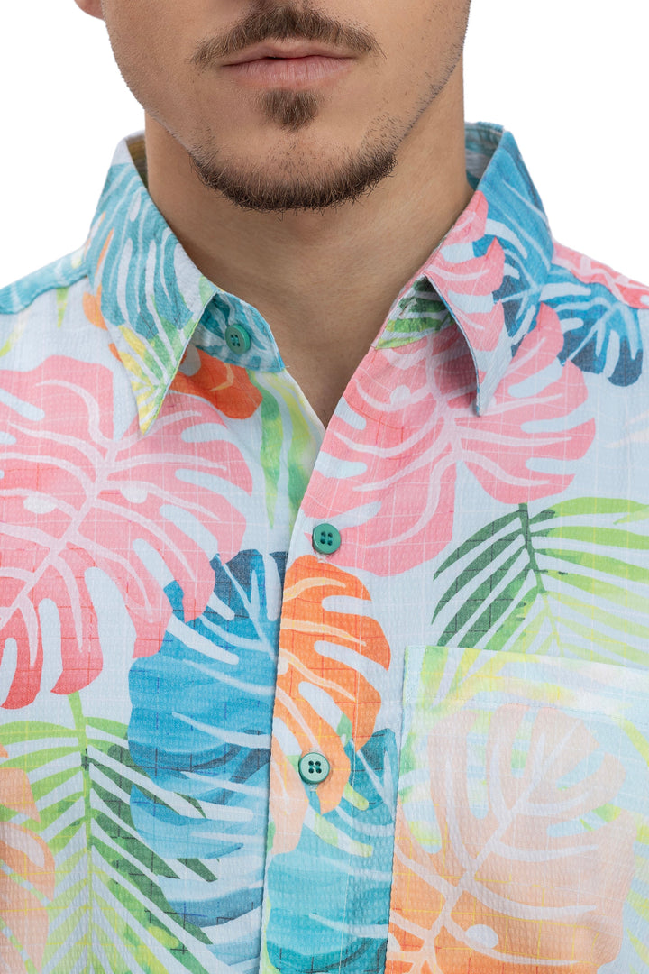 HAPPY BAY Mens Hawaiian Shirts Multi Monstera Leaf P10165
