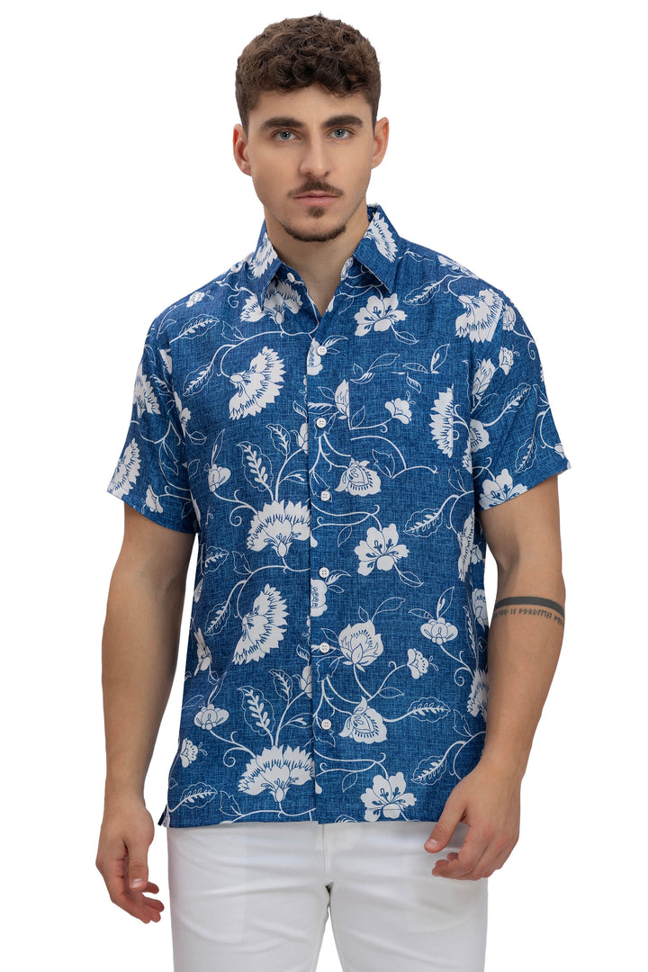 HAPPY BAY Mens Hawaiian Shirts D_Blue Floral Leaf P10172