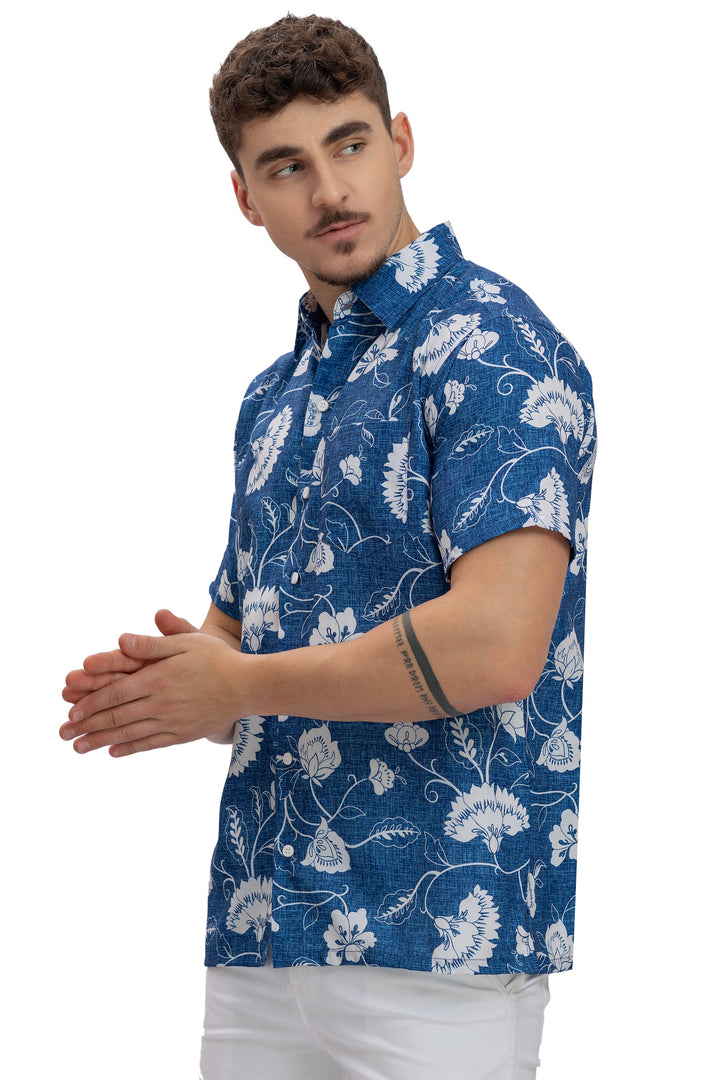HAPPY BAY Mens Hawaiian Shirts D_Blue Floral Leaf P10172