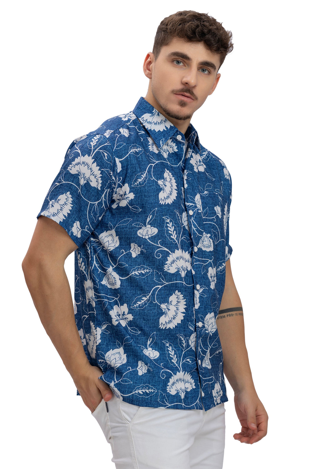 HAPPY BAY Mens Hawaiian Shirts D_Blue Floral Leaf P10172