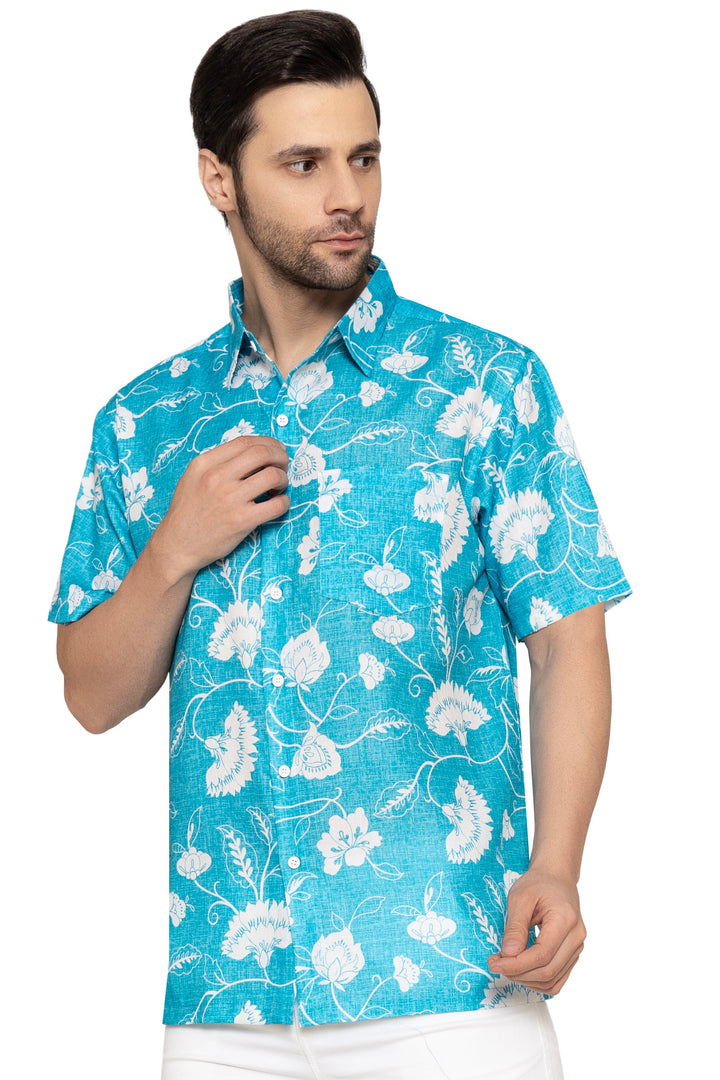HAPPY BAY Mens Hawaiian Shirts Blue Floral Leaf P10173