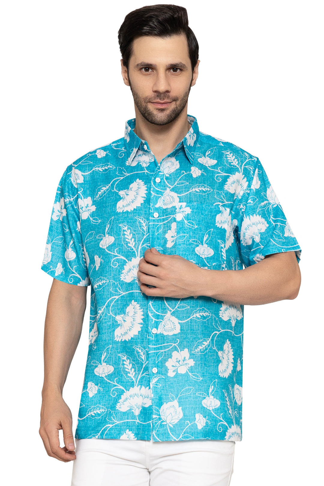 HAPPY BAY Mens Hawaiian Shirts Blue Floral Leaf P10173