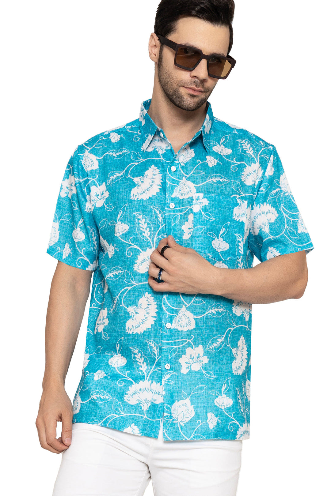 HAPPY BAY Mens Hawaiian Shirts Blue Floral Leaf P10173