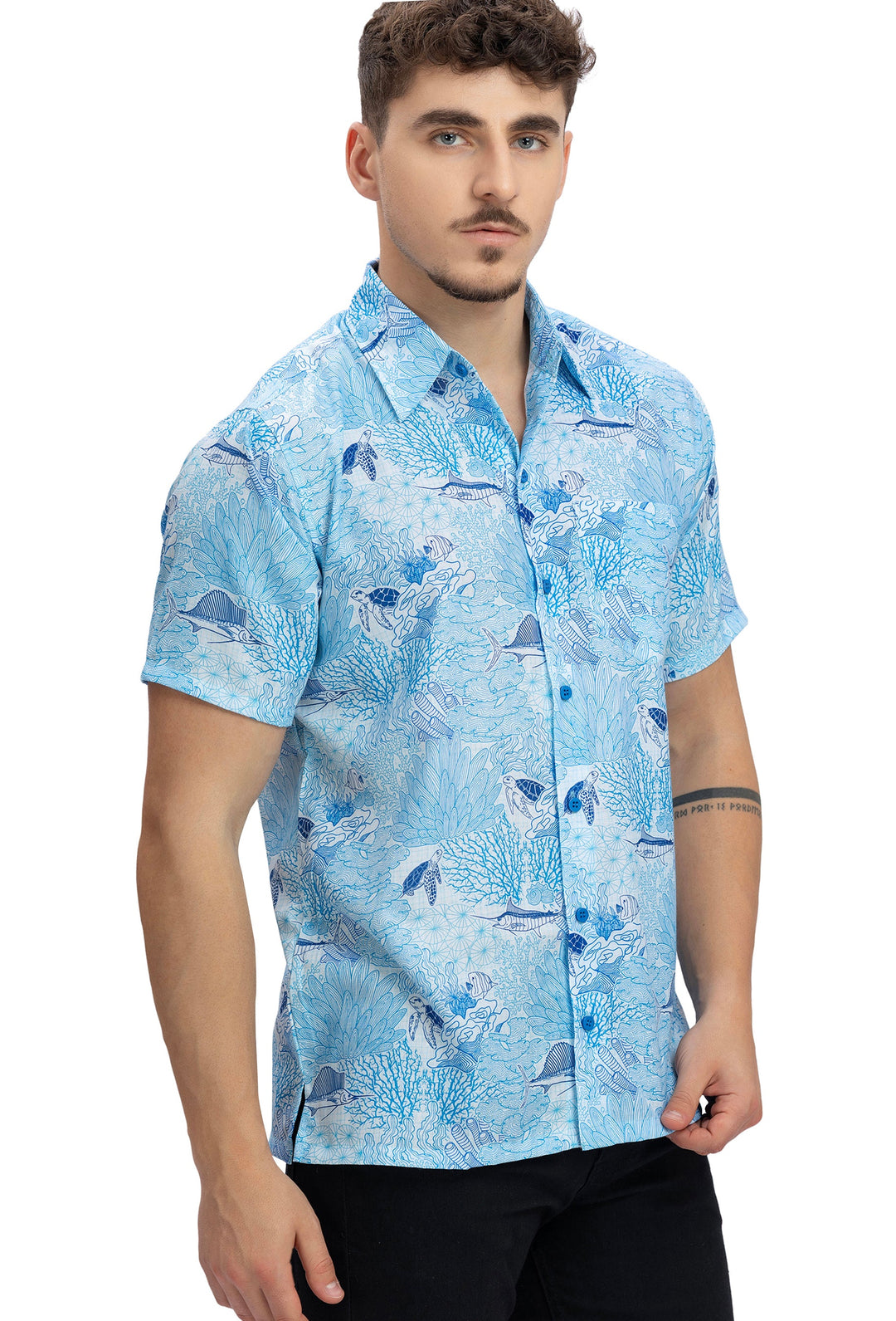 HAPPY BAY Mens Hawaiian Shirts Blue Fish P10177