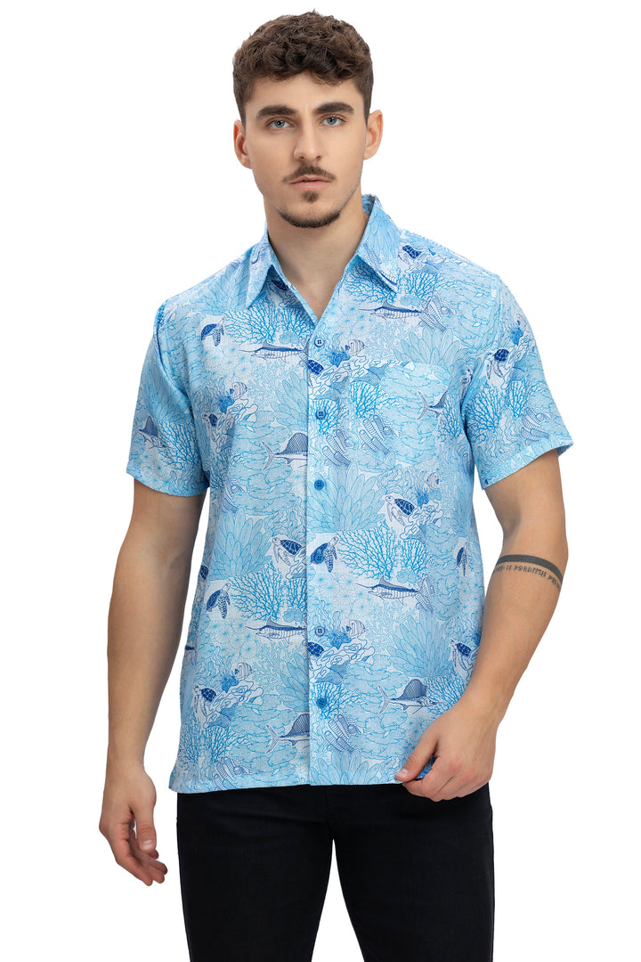 HAPPY BAY Mens Hawaiian Shirts Blue Fish P10177
