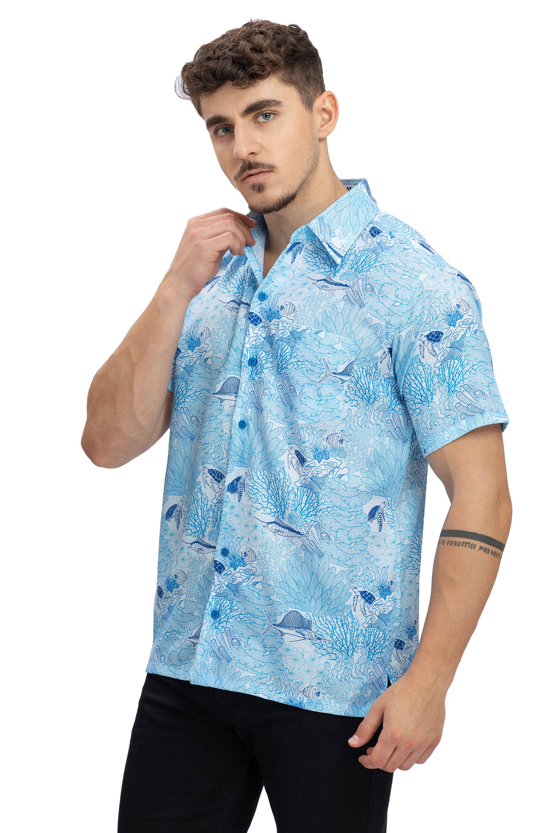HAPPY BAY Mens Hawaiian Shirts Blue Fish P10177