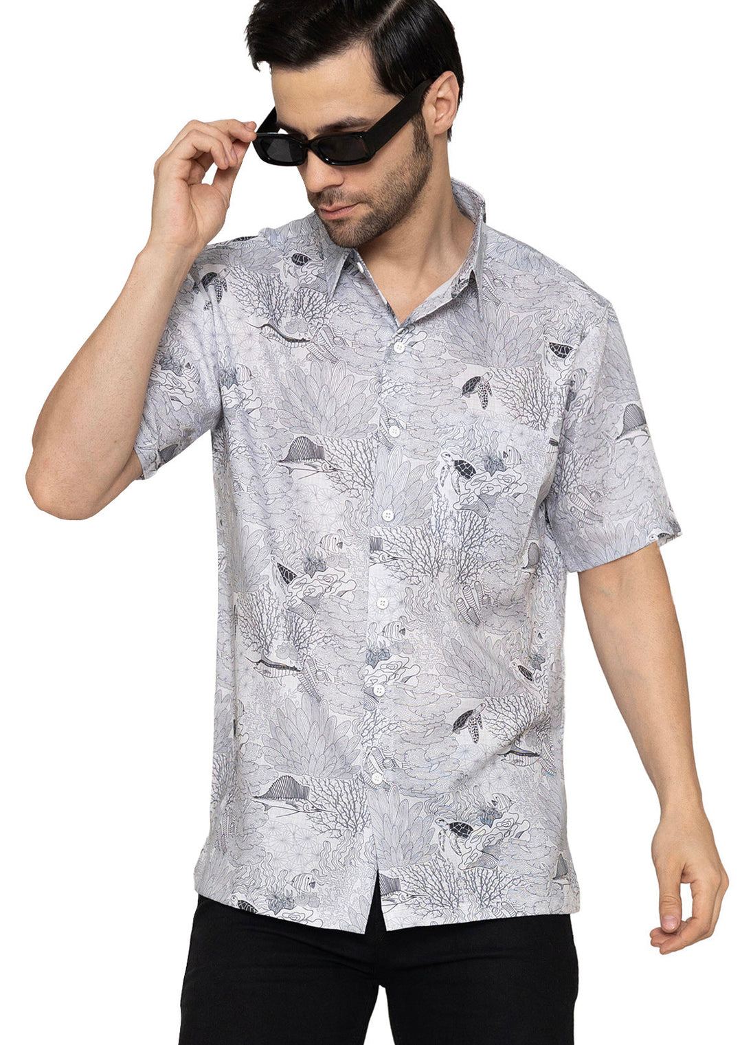 HAPPY BAY Mens Hawaiian Shirts Grey Fish P10178