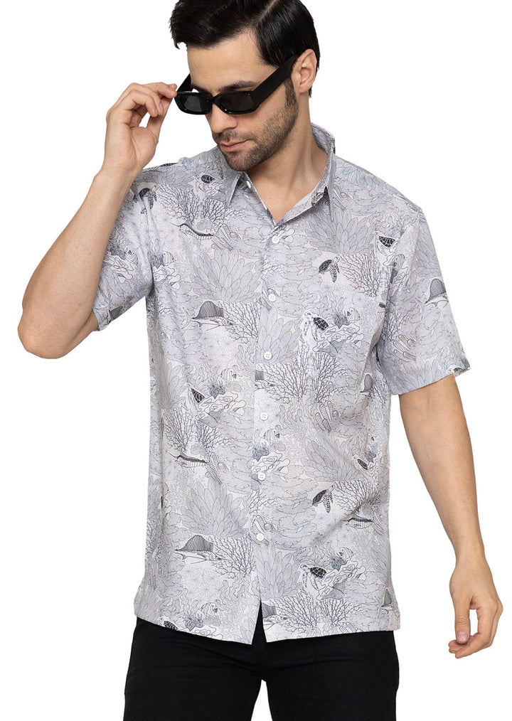 HAPPY BAY Mens Hawaiian Shirts Grey Fish P10178