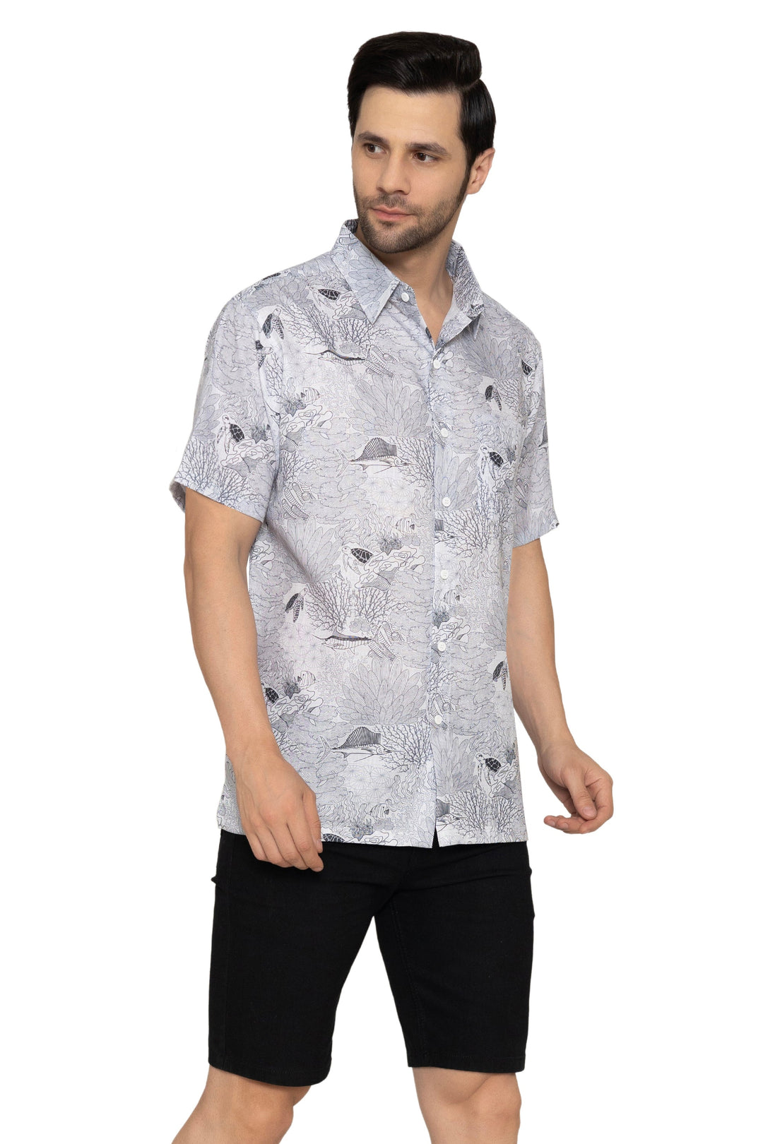 HAPPY BAY Mens Hawaiian Shirts Grey Fish P10178