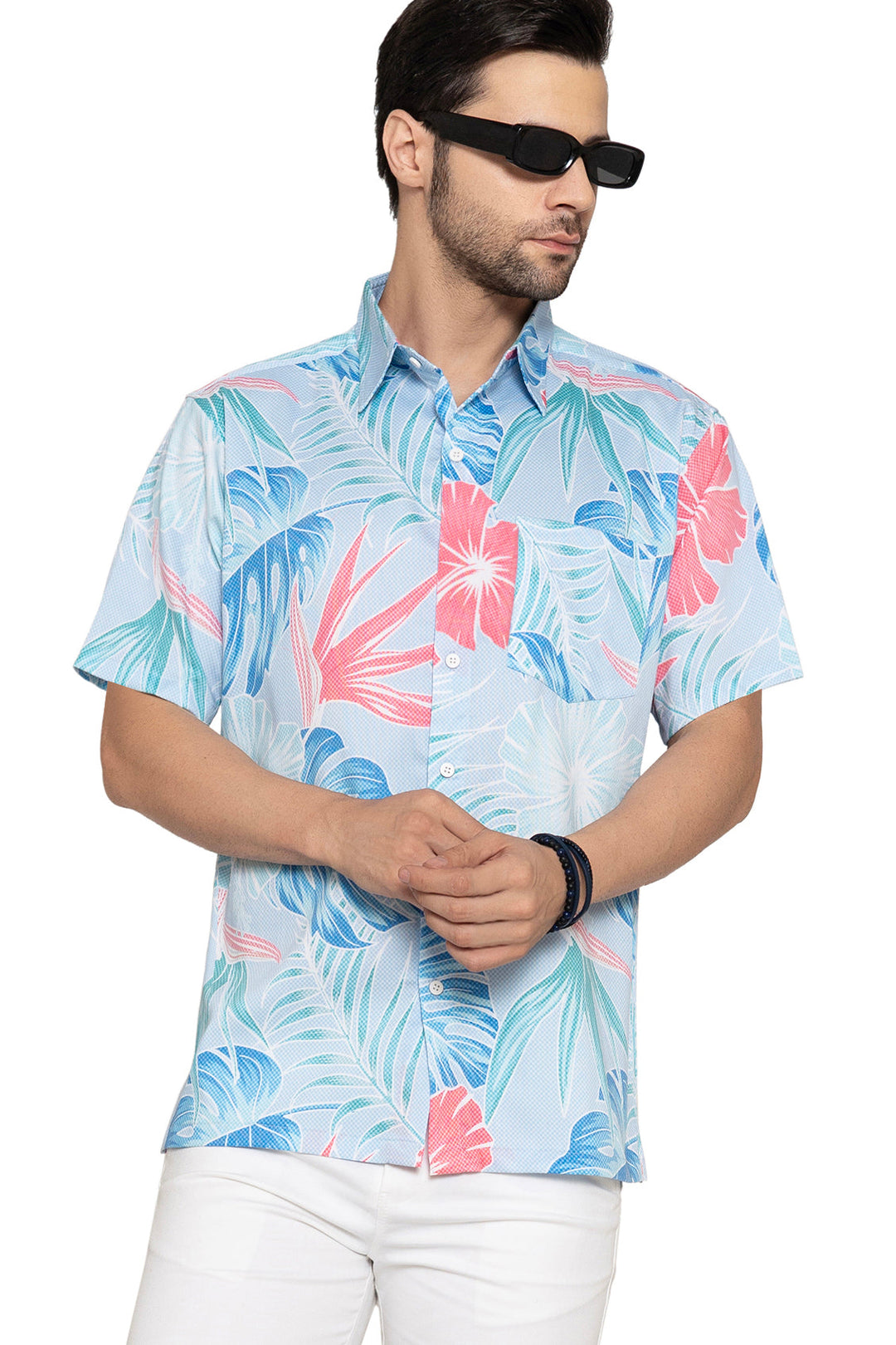 HAPPY BAY Mens Hawaiian Shirts Blue Leaf Floral P10187