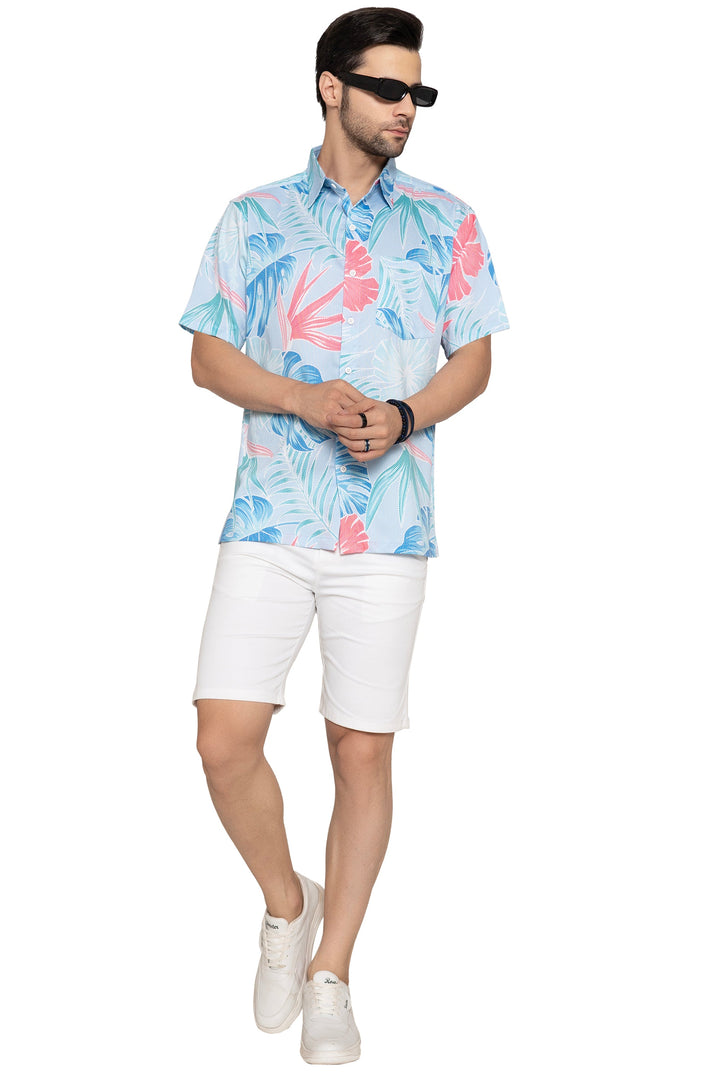 HAPPY BAY Mens Hawaiian Shirts Blue Leaf Floral P10187