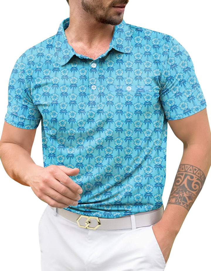 HAPPY BAY M Blue Palm Tree Mens Golf Polo Shirt P10333