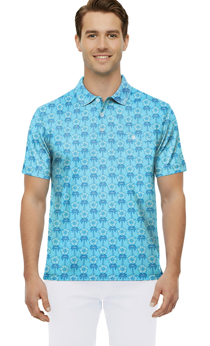 HAPPY BAY M Blue Palm Tree Mens Golf Polo Shirt P10333