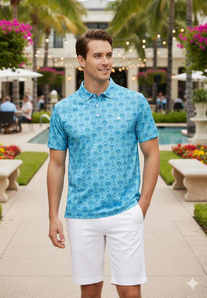 HAPPY BAY M Blue Palm Tree Mens Golf Polo Shirt P10333