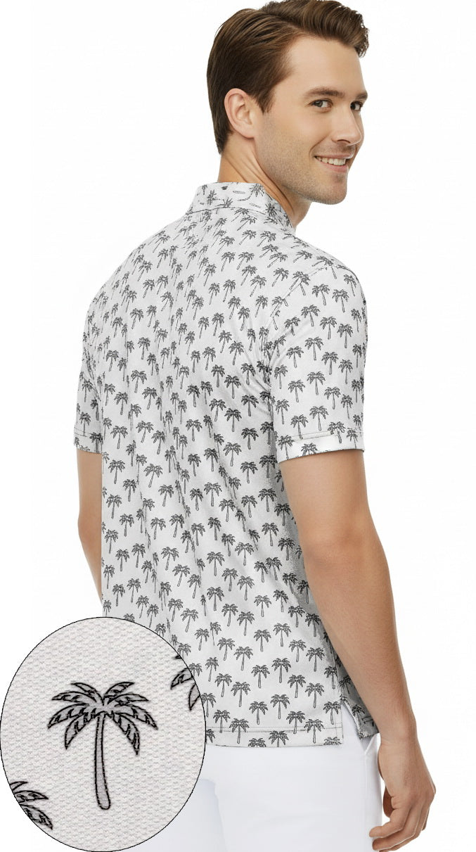 HAPPY BAY Palm Tree White Mens Golf Polo Shirt P10334