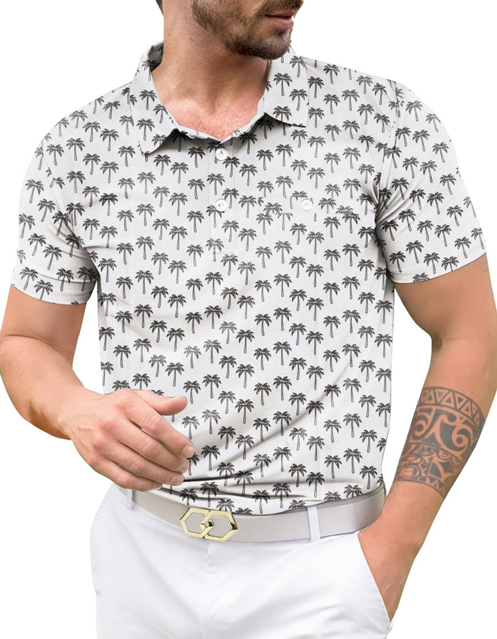 HAPPY BAY Palm Tree White Mens Golf Polo Shirt P10334
