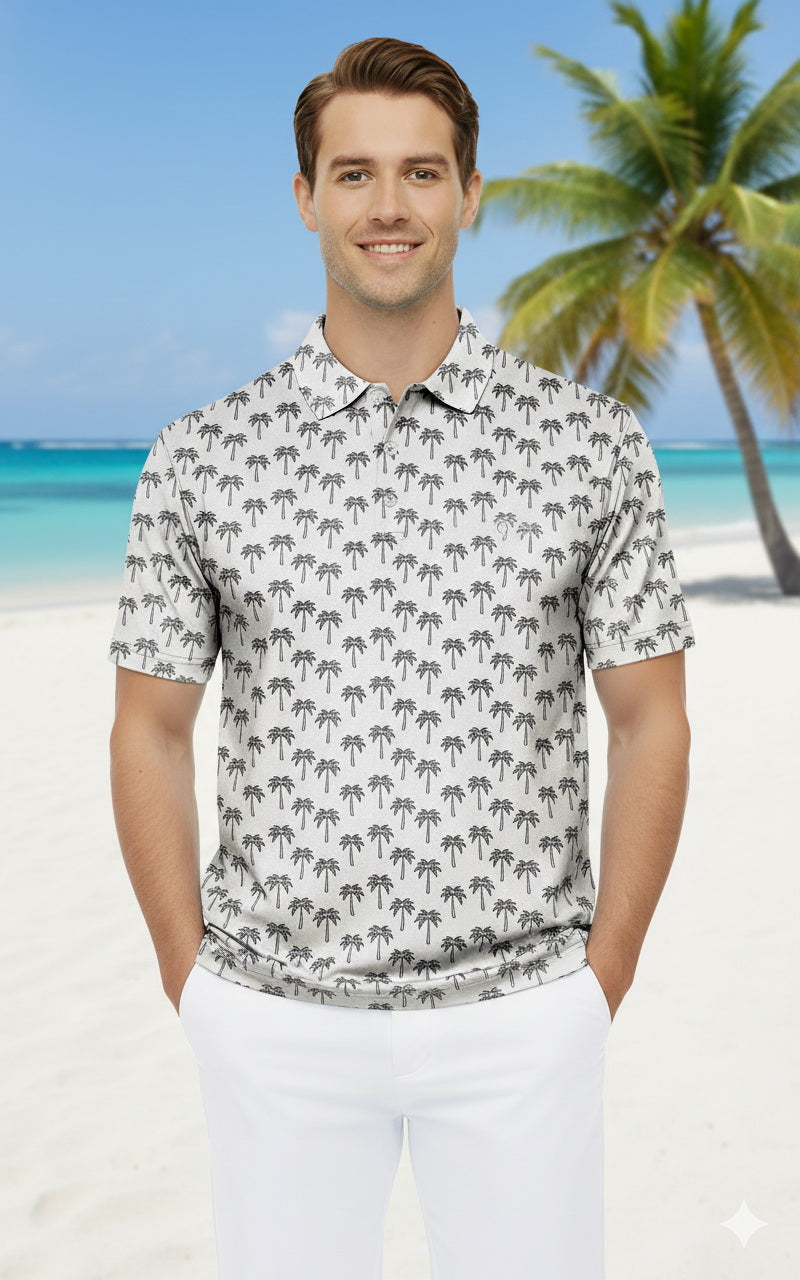 HAPPY BAY Palm Tree White Mens Golf Polo Shirt P10334